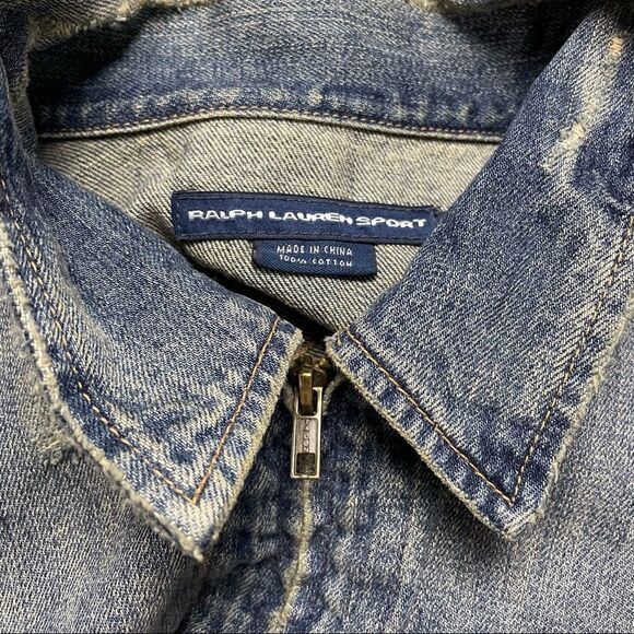 Ralph Lauren Sport Blue Denim Front Zip Trucker Jacket  Distressed Size Small - Picture 12 of 13